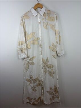 Debbie Katz South Beach Cover Up Womens Large White Cotton Gold Palm Print Maxi